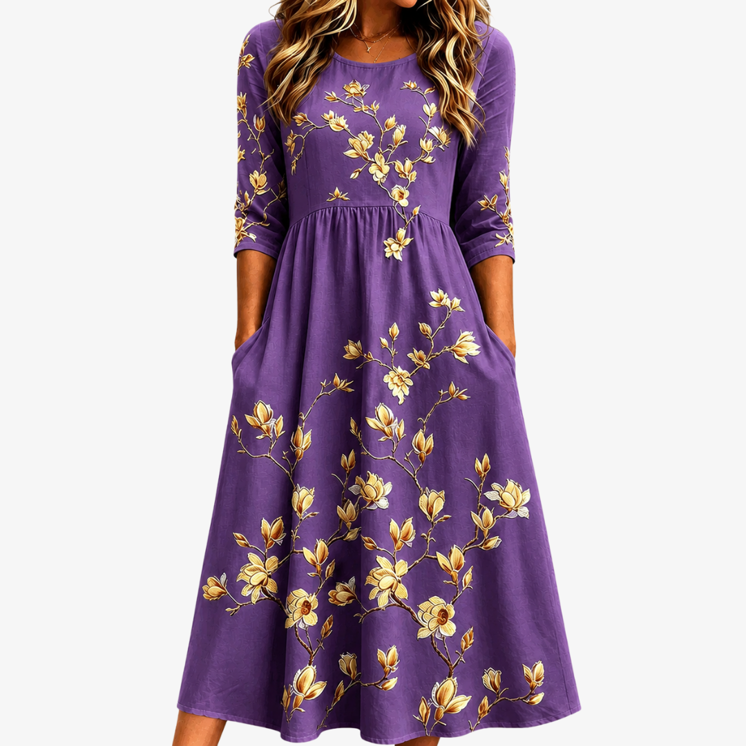 Golden Magnolia Charm Pocket Midi Dress