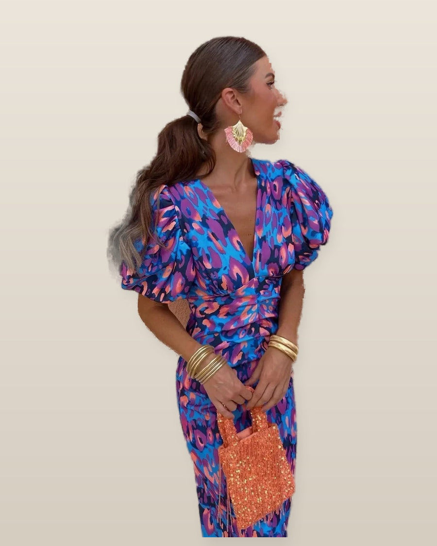 Loren | Vibrant Midi Dress with Puff Sleeves